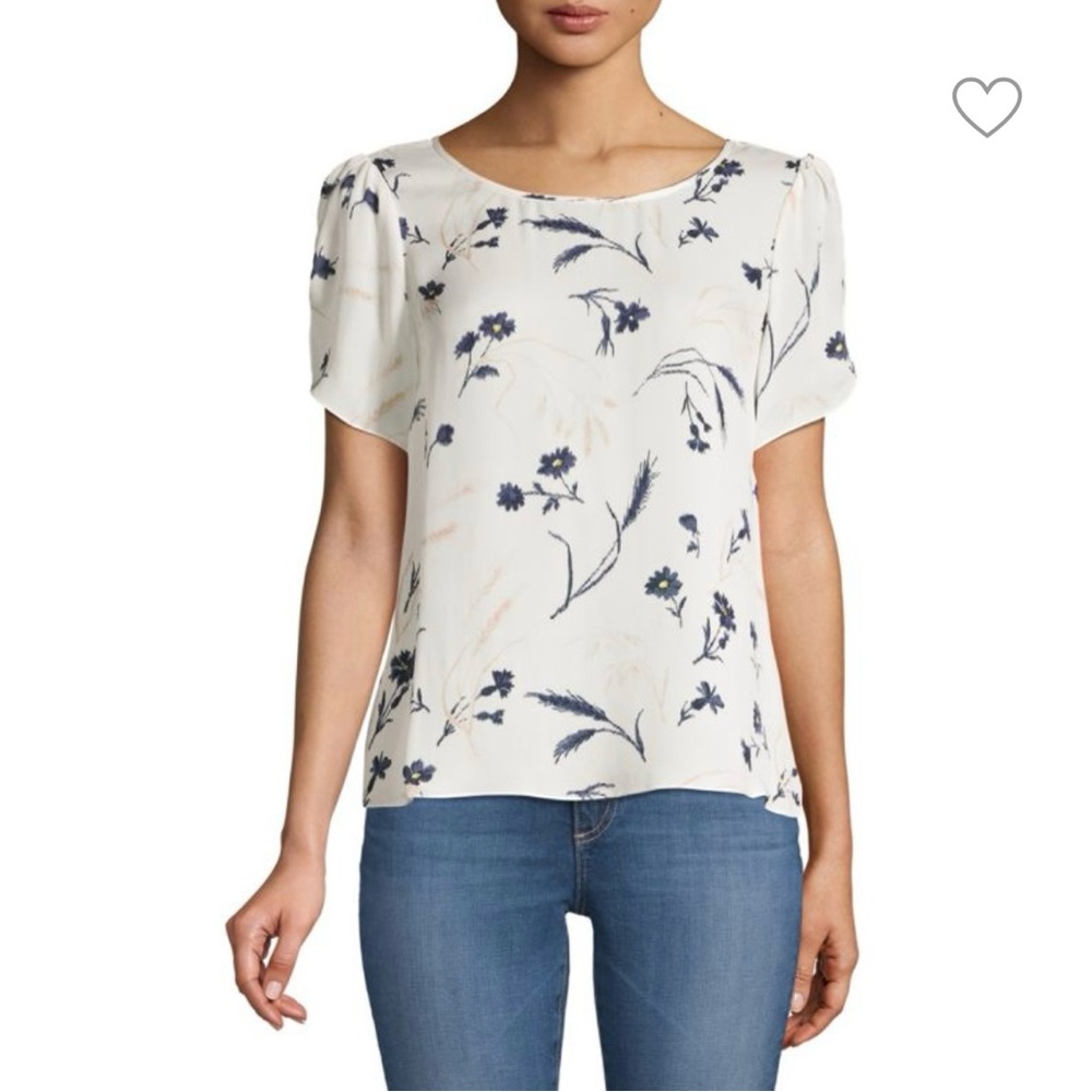 100% Silk Flower Print Women's Top - Cream and Blue